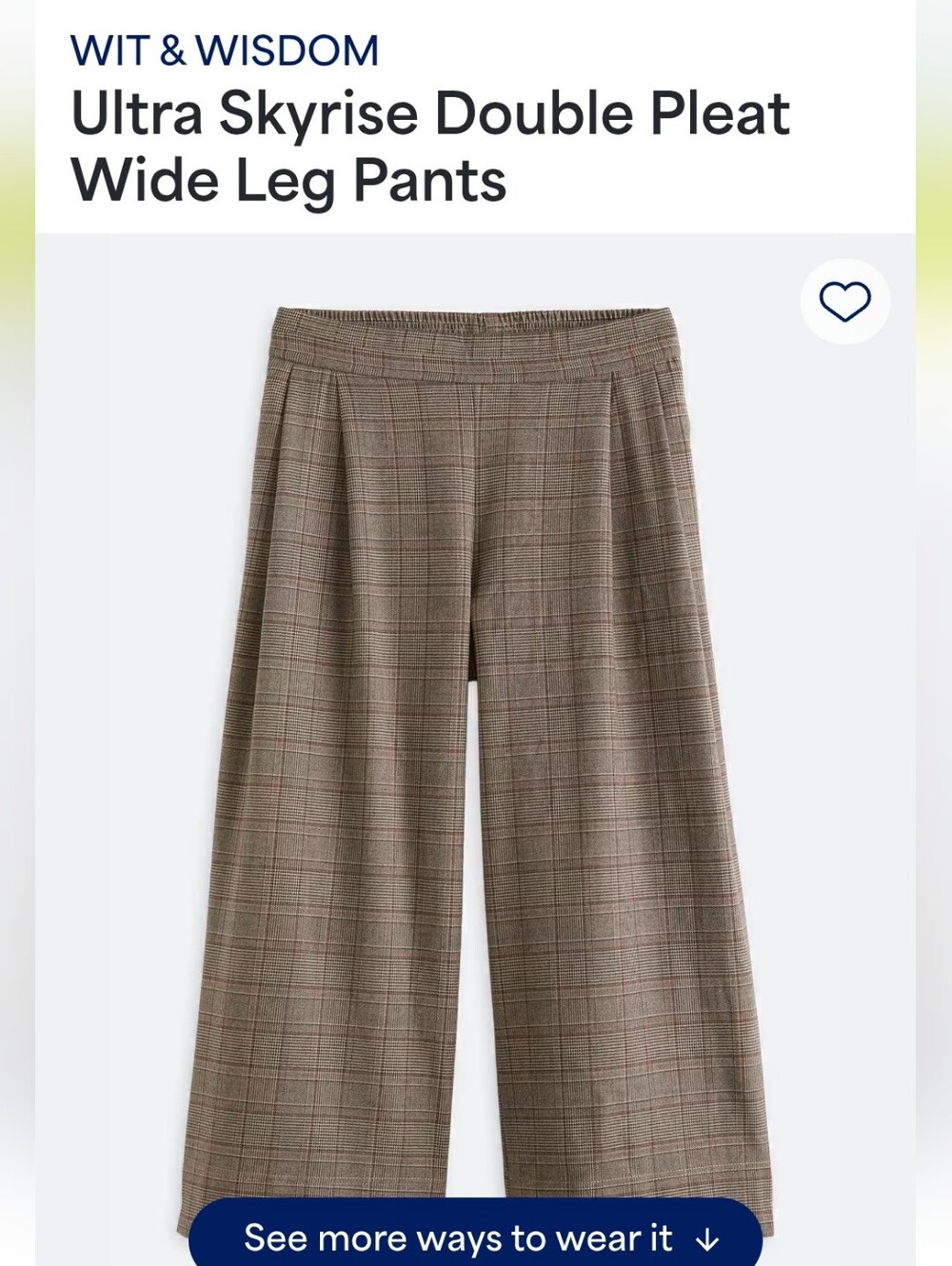 Wit & Wisdom Brown Plaid Ultra Skyrise Double Pleat Wide Leg Pants
